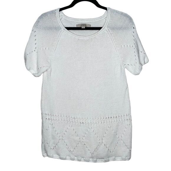 Loft 100% Cotton white knitted Short Sleeve Sweater Blouse size Medium - Picture 1 of 6